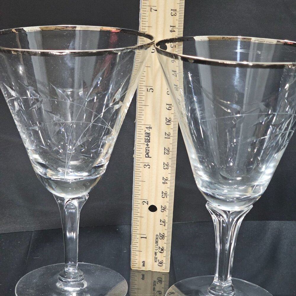 2 Fostoria Bridal Belle Water Goblet 6.25" platinum band cut glass floral stems - Picture 4 of 8
